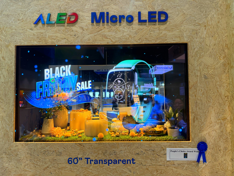 世界杯官方网站入口60吋高透明度Micro LED显示器获&rdquo;最佳Micro LED技术应用奖&rdquo;，将Micro LED面板透明化之设计特性极致发挥，以可扩展性无缝拼接技术打造，具备600 nits全画面亮度、大于60%穿透率及超过NTSC 110%的优异广色域表现，可依需求灵活应用于各种场域