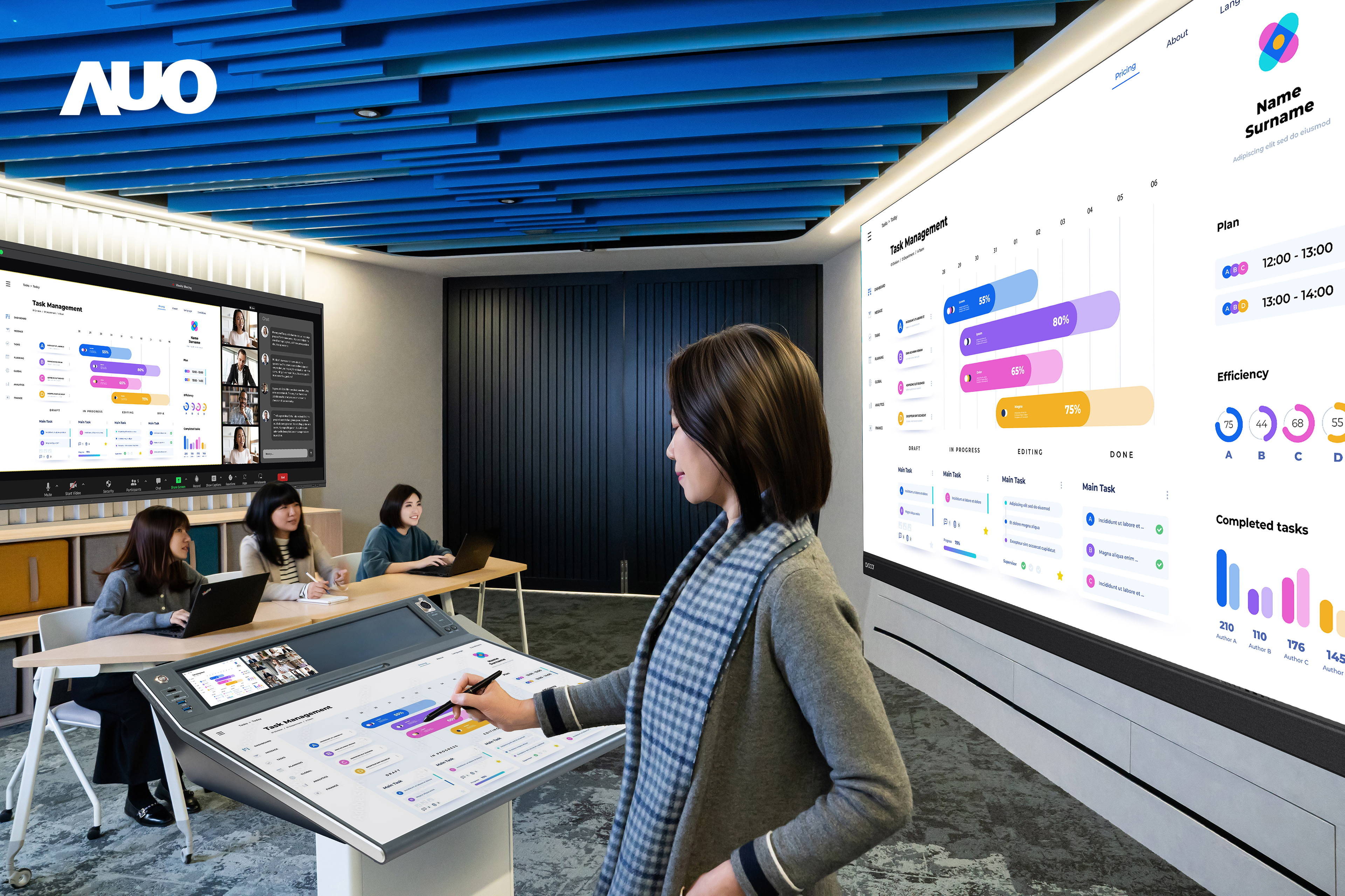 达擎携手Avocor与Rise Vision展示全方位商务领域应用，包含采用模块化设计的138吋一体式All-in-One LED显示器及具21:9超宽比例的92吋交互式电子白板（IFPD），讲者可轻松分享内容，有效提升会议协作效率。